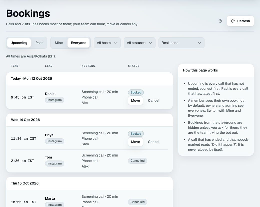 The Bookings page on Upcoming, for Everyone: calls grouped by day, each row with the time, the lead's first name and channel, the meeting, the place, the host and a Booked or Cancelled status, with Move and Cancel on the calls still to come, and a side panel explaining how the page works.