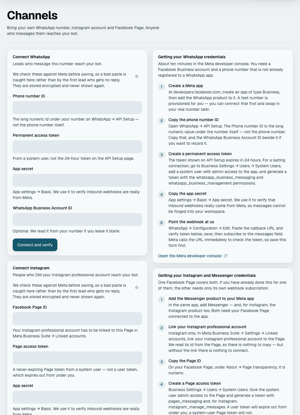 Configuration → Channels: a Connect WhatsApp card asking for the phone number ID, permanent
access token, app secret and WhatsApp Business Account ID, a Connect Instagram card below it
asking for a Page ID, Page access token and app secret, and the step-by-step credentials guide
for each alongside.