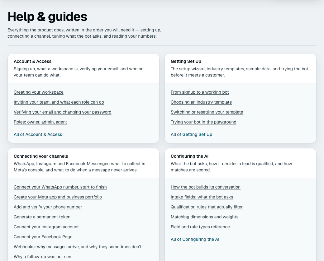 Help and guides inside the app, reached from the user menu: every category as a card, with its articles listed under it.