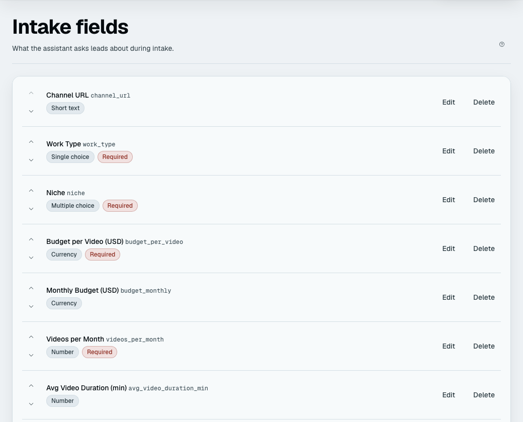 The intake field editor: each field listed with its label, the key it is stored under, its type and whether it is required, with arrows to reorder it and Edit and Delete beside it.