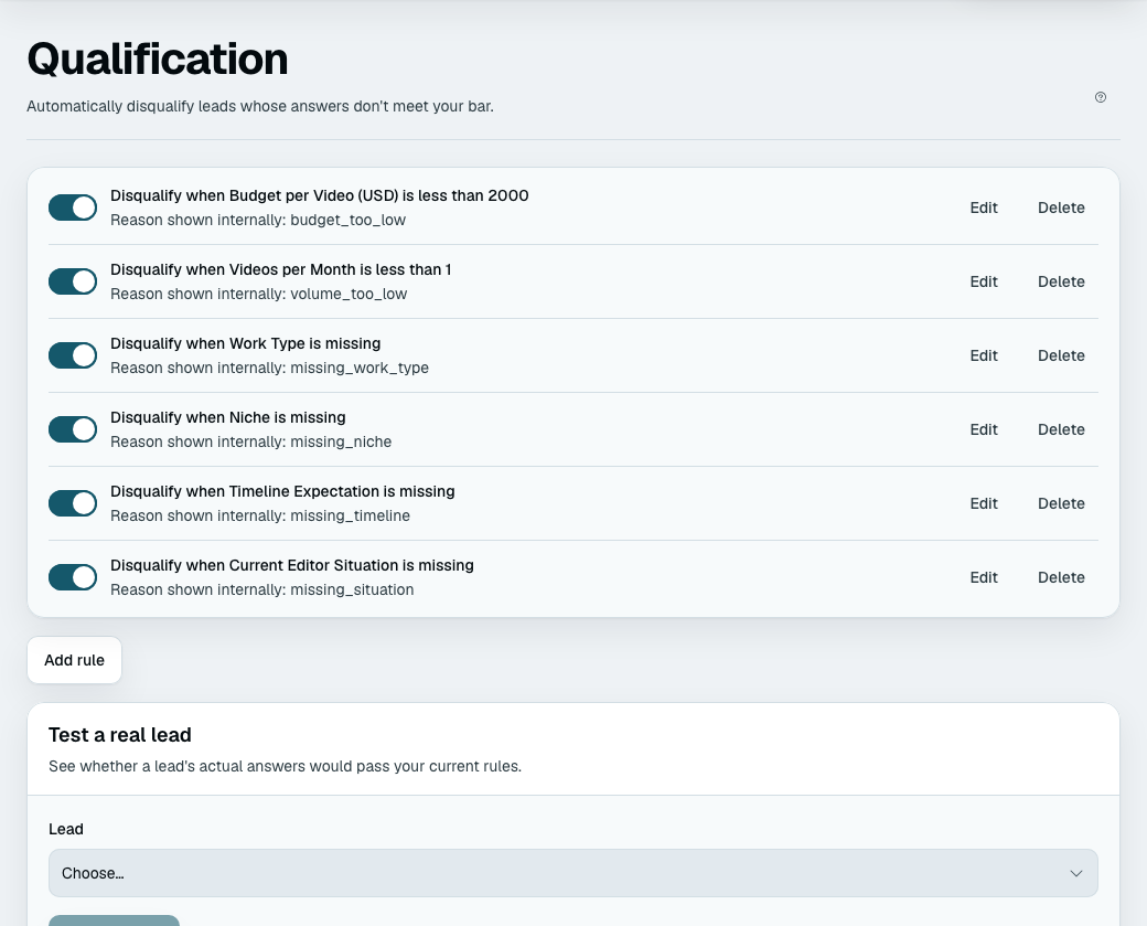 The qualification page: six rules, each with a switch to turn it off, the condition written out in words, and the internal reason code it records — above a panel for testing the rules against a real lead's answers.