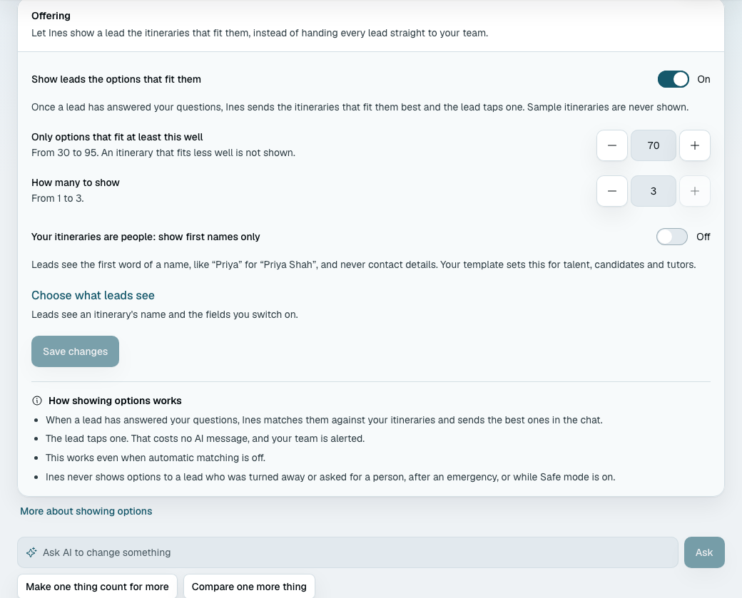 The Offering section on the Matching page: the switch to show leads the options that fit them, the lowest fit score to show and how many to show, the first-names-only switch, the Choose what leads see link and a note on when the bot never shows options.