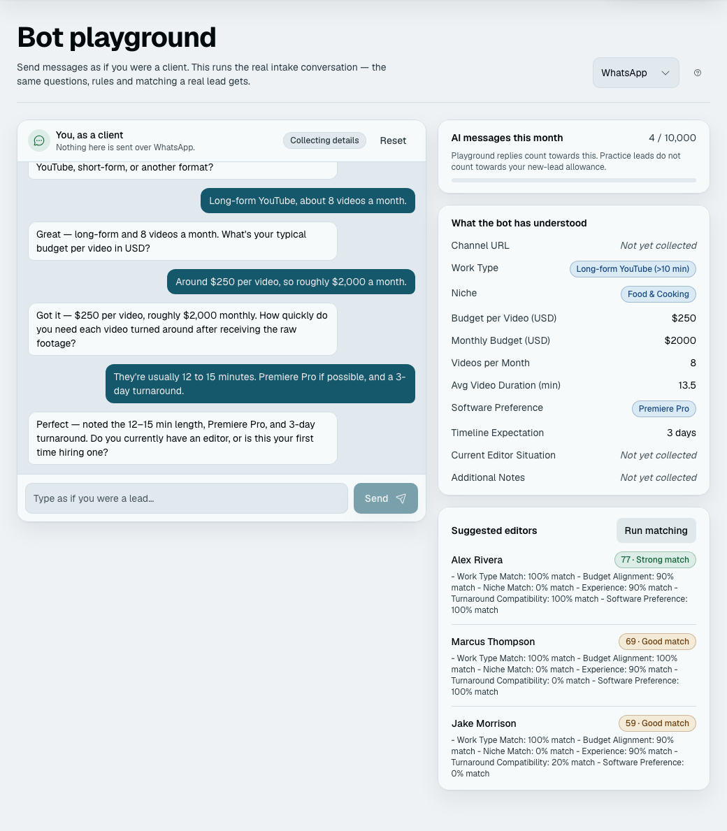 The playground mid-conversation: a client asking for a video editor for a home-cooking channel on the left, the bot asking about format, budget and turnaround, and on the right the AI-message meter, the intake fields it has filled in so far — work type, niche, budget, volume, duration, software, timeline — with three still reading "Not yet collected", and three editors scored 77, 69 and 59 with the reasoning behind each.